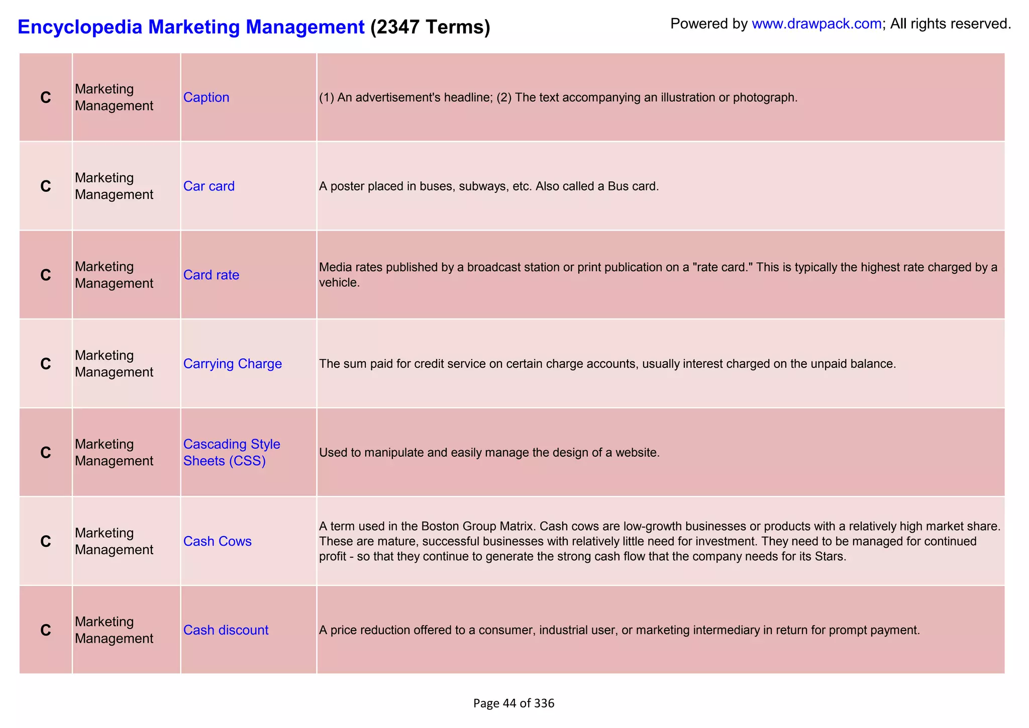 Encyclopedia Marketing Management (2347 Terms)                                                          Powered by www.drawpack.com; All rights reserved.



      Marketing
  C   Management
                   Caption           (1) An advertisement's headline; (2) The text accompanying an illustration or photograph.




      Marketing
  C   Management
                   Car card          A poster placed in buses, subways, etc. Also called a Bus card.




      Marketing                      Media rates published by a broadcast station or print publication on a "rate card." This is typically the highest rate charged by a
  C   Management
                   Card rate
                                     vehicle.




      Marketing
  C   Management
                   Carrying Charge   The sum paid for credit service on certain charge accounts, usually interest charged on the unpaid balance.




      Marketing    Cascading Style
  C   Management   Sheets (CSS)
                                     Used to manipulate and easily manage the design of a website.




                                     A term used in the Boston Group Matrix. Cash cows are low-growth businesses or products with a relatively high market share.
      Marketing
  C   Management
                   Cash Cows         These are mature, successful businesses with relatively little need for investment. They need to be managed for continued
                                     profit - so that they continue to generate the strong cash flow that the company needs for its Stars.




      Marketing
  C   Management
                   Cash discount     A price reduction offered to a consumer, industrial user, or marketing intermediary in return for prompt payment.




                                                                  Page 44 of 336
 