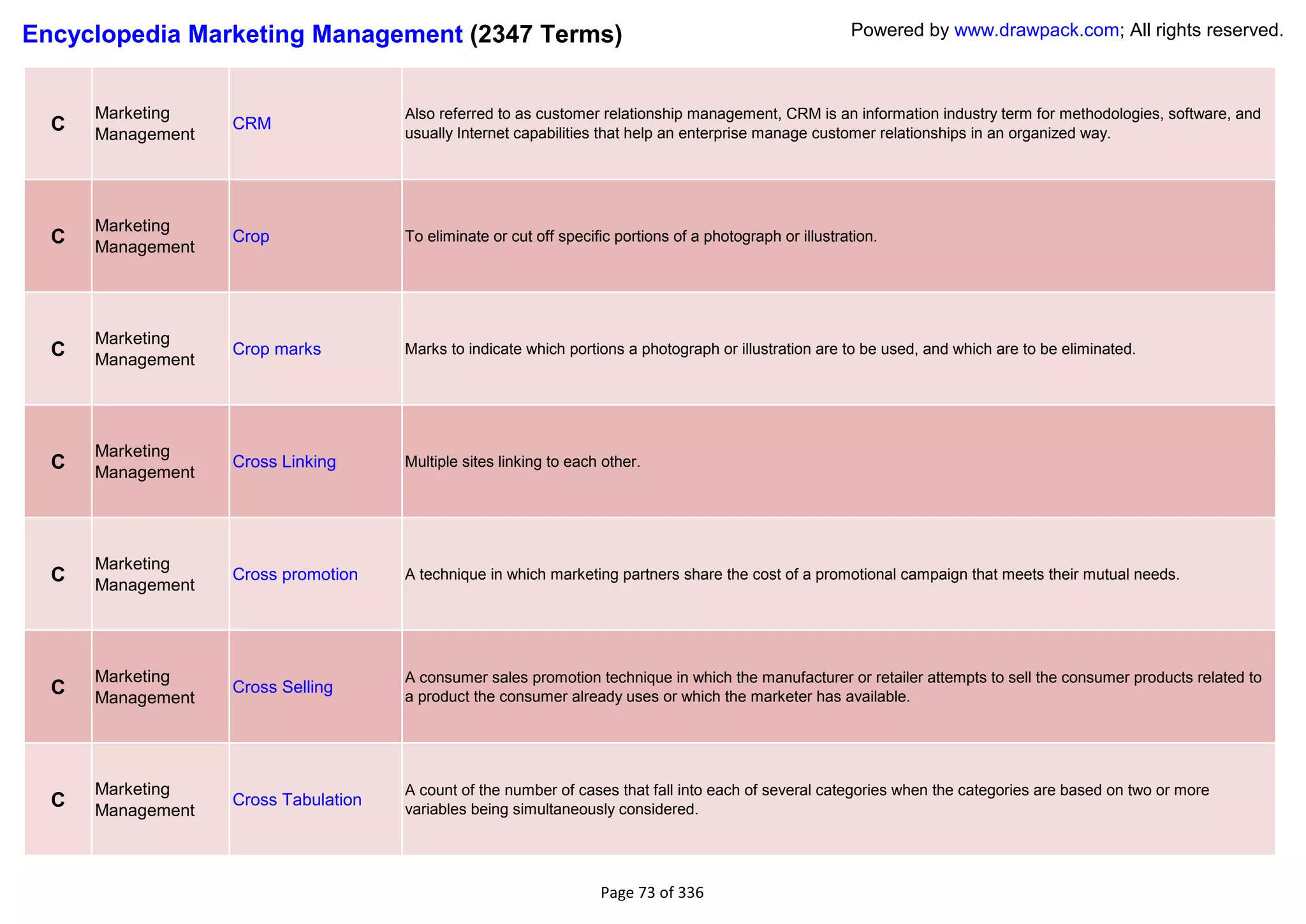 Encyclopedia Marketing Management (2347 Terms)                                                             Powered by www.drawpack.com; All rights reserved.



      Marketing                       Also referred to as customer relationship management, CRM is an information industry term for methodologies, software, and
  C   Management
                   CRM
                                      usually Internet capabilities that help an enterprise manage customer relationships in an organized way.




      Marketing
  C   Management
                   Crop               To eliminate or cut off specific portions of a photograph or illustration.




      Marketing
  C   Management
                   Crop marks         Marks to indicate which portions a photograph or illustration are to be used, and which are to be eliminated.




      Marketing
  C   Management
                   Cross Linking      Multiple sites linking to each other.




      Marketing
  C   Management
                   Cross promotion    A technique in which marketing partners share the cost of a promotional campaign that meets their mutual needs.




      Marketing                       A consumer sales promotion technique in which the manufacturer or retailer attempts to sell the consumer products related to
  C   Management
                   Cross Selling
                                      a product the consumer already uses or which the marketer has available.




      Marketing                       A count of the number of cases that fall into each of several categories when the categories are based on two or more
  C   Management
                   Cross Tabulation
                                      variables being simultaneously considered.




                                                                    Page 73 of 336
 