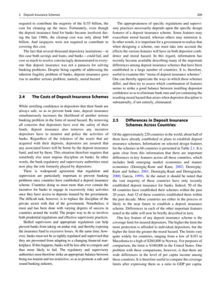 required to contribute the majority of the $155 billion, the
cost for cleaning up the mess. Fortunately, even though
the deposit insurance fund for banks became insolvent dur-
ing the late 1980s, the cleanup cost was only about $40
billion. And taxpayers were not required to contribute to
covering this cost.
The fact that several thousand depository institutions – in
this case both savings and loans, and banks – could fail, and
cost so much to resolve convincingly demonstrated to every-
one that deposit insurance was not a panacea for solving
banking problems. Despite being capable of addressing the
inherent fragility problem of banks, deposit insurance gave
rise to another serious problem, namely, moral hazard.
2.4 The Costs of Deposit Insurance Schemes
While instilling conﬁdence in depositors that their funds are
always safe, so as to prevent bank runs, deposit insurance
simultaneously increases the likelihood of another serious
banking problem in the form of moral hazard. By removing
all concerns that depositors have over the safety of their
funds, deposit insurance also removes any incentive
depositors have to monitor and police the activities of
banks. Regardless of the riskiness of the assets that are
acquired with their deposits, depositors are assured that
any associated losses will be borne by the deposit insurance
fund, and not by them. This situation therefore requires that
somebody else must impose discipline on banks. In other
words, the bank regulatory and supervisory authorities must
now play the role formerly played by depositors.
There is widespread agreement that regulation and
supervision are particularly important to prevent banking
problems once countries have established a deposit insurance
scheme. Countries doing so must more than ever contain the
incentive for banks to engage in excessively risky activities
once they have access to deposits insured by the government.
The difﬁcult task, however, is to replace the discipline of the
private sector with that of the government. Nonetheless, it
must and has been done with varying degrees of success in
countries around the world. The proper way to do so involves
both prudential regulations and effective supervisory practices.
Skilled supervisors and appropriate regulations can help
prevent banks from taking on undue risk, and thereby exposing
the insurance fund to excessive losses. At the same time, how-
ever, banks must not be so tightly regulated and supervised that
they are prevented from adapting to a changing ﬁnancial mar-
ketplace. If this happens, banks will be less able to compete and
thus more likely to fail. The regulatory and supervisory
authorities must therefore strike an appropriate balance between
being too lenient and too restrictive, so as to promote a safe and
sound banking industry.
The appropriateness of speciﬁc regulations and supervi-
sory practices necessarily depends upon the speciﬁc design
features of a deposit insurance scheme. Some features may
exacerbate moral hazard, whereas others may minimize it.
In other words, it is important for a government to realize that
when designing a scheme, one must take into account the
effects the various features will have on both depositor conﬁ-
dence and moral hazard. In this regard, information has
recently become available describing many of the important
differences among deposit insurance schemes that have been
established in a large number of countries. It is, therefore,
useful to examine this “menu of deposit insurance schemes”.
One can thereby appreciate the ways in which these schemes
differ, and then try to assess which combination of features
seems to strike a good balance between instilling depositor
conﬁdence so as to eliminate bank runs and yet containing the
resulting moral hazard that arises when depositor discipline is
substantially, if not entirely, eliminated.
2.5 Differences in Deposit Insurance
Schemes Across Countries
Of the approximately 220 countries in the world, about half of
them have already established or plans to establish deposit
insurance schemes. Information on selected design features
for the schemes in 68 countries is presented in Table 2.1. It is
quite clear from this information that there are important
differences in key features across all these countries, which
includes both emerging market economies and mature
economies (Demirgu¨c¸-Kunt and Kane, 2002; Demirgu¨c¸-
Kunt and Sobaci, 2001; Demirgu¨c¸-Kunt and Detragiache,
2000; Garcia, 1999). At the outset it should be noted that
the vast majority of these countries have only recently
established deposit insurance for banks. Indeed, 50 of the
68 countries have established their schemes within the past
20 years. And 32 of these countries established them within
the past decade. More countries are either in the process or
likely in the near future to establish a deposit insurance
scheme. Differences in each of the other important features
noted in the table will now be brieﬂy described in turn.
One key feature of any deposit insurance scheme is the
coverage limit for insured depositors. The higher the limit the
more protection is afforded to individual depositors, but the
higher the limit the greater the moral hazard. The limits vary
quite widely for countries, ranging from a low of $183 in
Macedonia to a high of $260,800 in Norway. For purposes of
comparison, the limit is $100,000 in the United States. One
problem with these comparisons, however, is that there are
wide differences in the level of per capita income among
these countries. It is therefore useful to compare the coverage
limits after expressing them as a ratio to GDP per capita.
2 Deposit Insurance Schemes 209
 