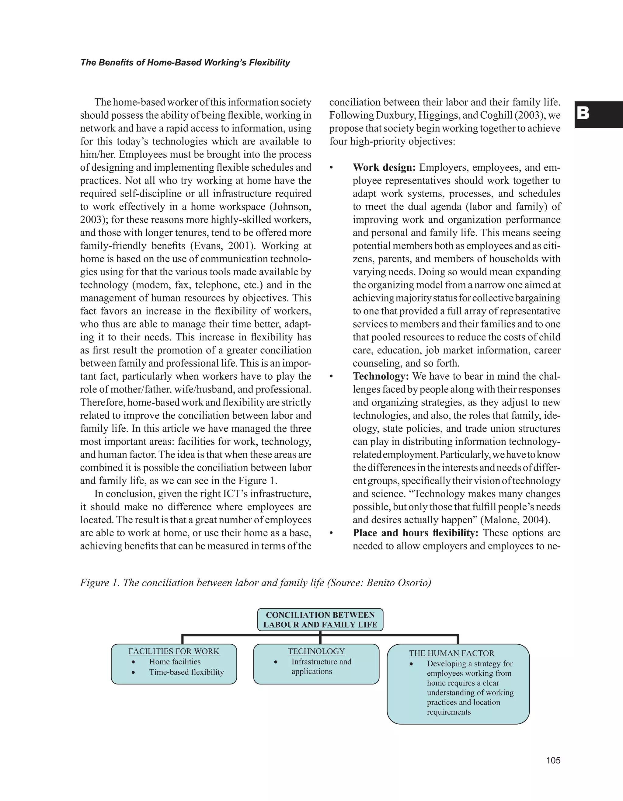 0
The Benefits of Home-Based Working’s Flexibility
B
The home-based worker of this information society
should possess the ability of being flexible, working in
network and have a rapid access to information, using
for this today’s technologies which are available to
him/her. Employees must be brought into the process
of designing and implementing flexible schedules and
practices. Not all who try working at home have the
required self-discipline or all infrastructure required
to work effectively in a home workspace (Johnson,
2003); for these reasons more highly-skilled workers,
and those with longer tenures, tend to be offered more
family-friendly benefits (Evans, 2001). Working at
home is based on the use of communication technolo-
gies using for that the various tools made available by
technology (modem, fax, telephone, etc.) and in the
management of human resources by objectives. This
fact favors an increase in the flexibility of workers,
who thus are able to manage their time better, adapt-
ing it to their needs. This increase in flexibility has
as first result the promotion of a greater conciliation
between family and professional life.This is an impor-
tant fact, particularly when workers have to play the
role of mother/father, wife/husband, and professional.
Therefore,home-basedworkandflexibilityarestrictly
related to improve the conciliation between labor and
family life. In this article we have managed the three
most important areas: facilities for work, technology,
and human factor. The idea is that when these areas are
combined it is possible the conciliation between labor
and family life, as we can see in the Figure 1.
In conclusion, given the right ICT’s infrastructure,
it should make no difference where employees are
located. The result is that a great number of employees
are able to work at home, or use their home as a base,
achieving benefits that can be measured in terms of the
conciliation between their labor and their family life.
Following Duxbury, Higgings, and Coghill (2003), we
propose that society begin working together to achieve
four high-priority objectives:
• Work design: Employers, employees, and em-
ployee representatives should work together to
adapt work systems, processes, and schedules
to meet the dual agenda (labor and family) of
improving work and organization performance
and personal and family life. This means seeing
potential members both as employees and as citi-
zens, parents, and members of households with
varying needs. Doing so would mean expanding
the organizing model from a narrow one aimed at
achievingmajoritystatusforcollectivebargaining
to one that provided a full array of representative
services to members and their families and to one
that pooled resources to reduce the costs of child
care, education, job market information, career
counseling, and so forth.
• Technology: We have to bear in mind the chal-
lengesfacedbypeoplealongwiththeirresponses
and organizing strategies, as they adjust to new
technologies, and also, the roles that family, ide-
ology, state policies, and trade union structures
can play in distributing information technology-
relatedemployment.Particularly,wehavetoknow
thedifferencesintheinterestsandneedsofdiffer-
entgroups,specificallytheirvisionoftechnology
and science. “Technology makes many changes
possible, but only those that fulfill people’s needs
and desires actually happen” (Malone, 2004).
• Place and hours flexibility: These options are
needed to allow employers and employees to ne-
Figure 1. The conciliation between labor and family life (Source: Benito Osorio)
CONCILIATION BETWEEN
LABOUR AND FAMILY LIFE
FACILITIES FOR WORK
Home facilities
Time-based flexibility
TECHNOLOGY
Infrastructure and
applications
THE HUMAN FACTOR
Developing a strategy for
employees working from
home requires a clear
understanding of working
practices and location
requirements
 