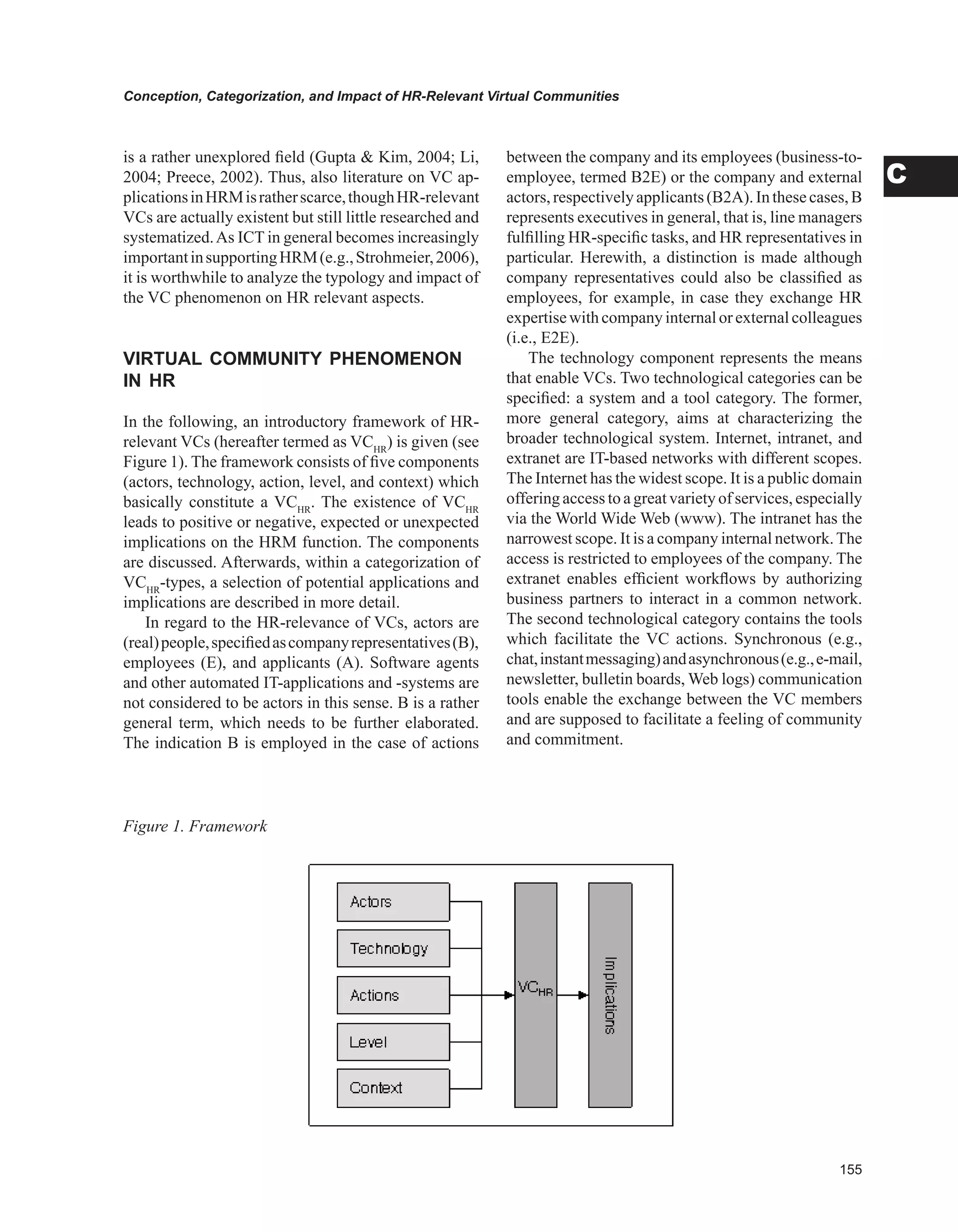 Conception, Categorization, and Impact of HR-Relevant Virtual Communities
C
is a rather unexplored field (Gupta  Kim, 2004; Li,
2004; Preece, 2002). Thus, also literature on VC ap-
plicationsinHRMisratherscarce,thoughHR-relevant
VCs are actually existent but still little researched and
systematized.As ICT in general becomes increasingly
importantinsupportingHRM(e.g.,Strohmeier,2006),
it is worthwhile to analyze the typology and impact of
the VC phenomenon on HR relevant aspects.
vIRTUAL COMMUNITY PHENOMENON
IN HR
In the following, an introductory framework of HR-
relevant VCs (hereafter termed as VCHR
) is given (see
Figure 1). The framework consists of five components
(actors, technology, action, level, and context) which
basically constitute a VCHR
. The existence of VCHR
leads to positive or negative, expected or unexpected
implications on the HRM function. The components
are discussed. Afterwards, within a categorization of
VCHR
-types, a selection of potential applications and
implications are described in more detail.
In regard to the HR-relevance of VCs, actors are
(real)people,specifiedascompanyrepresentatives(B),
employees (E), and applicants (A). Software agents
and other automated IT-applications and -systems are
not considered to be actors in this sense. B is a rather
general term, which needs to be further elaborated.
The indication B is employed in the case of actions
between the company and its employees (business-to-
employee, termed B2E) or the company and external
actors,respectivelyapplicants(B2A).Inthesecases,B
represents executives in general, that is, line managers
fulfilling HR-specific tasks, and HR representatives in
particular. Herewith, a distinction is made although
company representatives could also be classified as
employees, for example, in case they exchange HR
expertisewithcompanyinternalorexternalcolleagues
(i.e., E2E).
The technology component represents the means
that enable VCs. Two technological categories can be
specified: a system and a tool category. The former,
more general category, aims at characterizing the
broader technological system. Internet, intranet, and
extranet are IT-based networks with different scopes.
The Internet has the widest scope. It is a public domain
offering access to a great variety of services, especially
via the World Wide Web (www). The intranet has the
narrowest scope. It is a company internal network.The
access is restricted to employees of the company. The
extranet enables efficient workflows by authorizing
business partners to interact in a common network.
The second technological category contains the tools
which facilitate the VC actions. Synchronous (e.g.,
chat,instantmessaging)andasynchronous(e.g.,e-mail,
newsletter, bulletin boards, Web logs) communication
tools enable the exchange between the VC members
and are supposed to facilitate a feeling of community
and commitment.
Figure 1. Framework
 