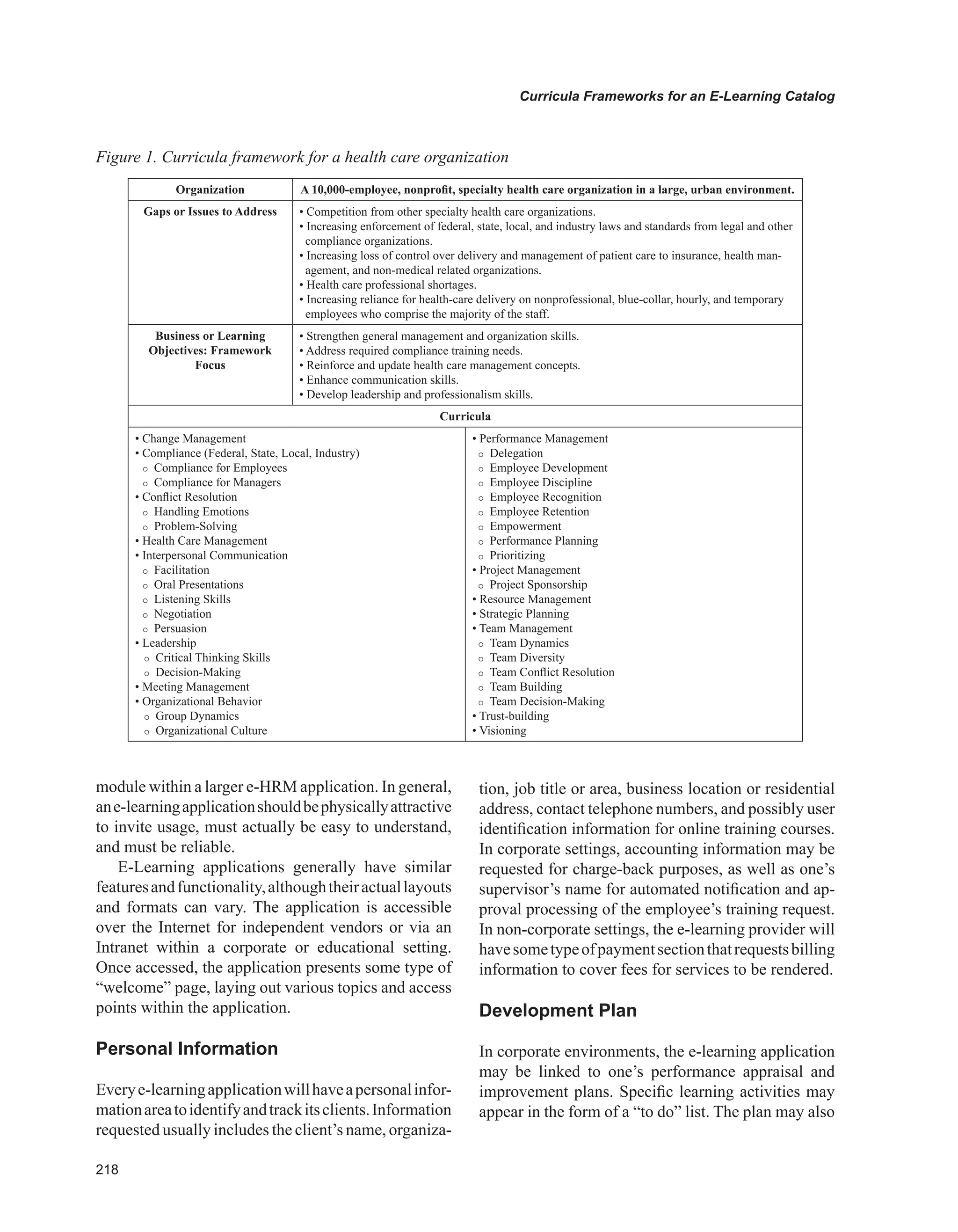 Curricula Frameworks for an E-Learning Catalog
Figure 1. Curricula framework for a health care organization
Organization A 10,000-employee, nonprofit, specialty health care organization in a large, urban environment.
Gaps or Issues to Address • Competition from other specialty health care organizations.
• Increasing enforcement of federal, state, local, and industry laws and standards from legal and other
compliance organizations.
• Increasing loss of control over delivery and management of patient care to insurance, health man-
agement, and non-medical related organizations.
• Health care professional shortages.
• Increasing reliance for health-care delivery on nonprofessional, blue-collar, hourly, and temporary
employees who comprise the majority of the staff.
Business or Learning
Objectives: Framework
Focus
• Strengthen general management and organization skills.
• Address required compliance training needs.
• Reinforce and update health care management concepts.
• Enhance communication skills.
• Develop leadership and professionalism skills.
Curricula
• Change Management
• Compliance (Federal, State, Local, Industry)
 Compliance for Employees
 Compliance for Managers
• Conflict Resolution
 Handling Emotions
 Problem-Solving
• Health Care Management
• Interpersonal Communication
 Facilitation
 Oral Presentations
 Listening Skills
 Negotiation
 Persuasion
• Leadership
 Critical Thinking Skills
 Decision-Making
• Meeting Management
• Organizational Behavior
 Group Dynamics
 Organizational Culture
• Performance Management
 Delegation
 Employee Development
 Employee Discipline
 Employee Recognition
 Employee Retention
 Empowerment
 Performance Planning
 Prioritizing
• Project Management
 Project Sponsorship
• Resource Management
• Strategic Planning
• Team Management
 Team Dynamics
 Team Diversity
 Team Conflict Resolution
 Team Building
 Team Decision-Making
• Trust-building
• Visioning
module within a larger e-HRM application. In general,
ane-learningapplicationshouldbephysicallyattractive
to invite usage, must actually be easy to understand,
and must be reliable.
E-Learning applications generally have similar
featuresandfunctionality,althoughtheiractuallayouts
and formats can vary. The application is accessible
over the Internet for independent vendors or via an
Intranet within a corporate or educational setting.
Once accessed, the application presents some type of
“welcome” page, laying out various topics and access
points within the application.
Personal Information
Everye-learningapplicationwillhaveapersonalinfor-
mationareatoidentifyandtrackitsclients.Information
requested usually includes the client’s name, organiza-
tion, job title or area, business location or residential
address, contact telephone numbers, and possibly user
identification information for online training courses.
In corporate settings, accounting information may be
requested for charge-back purposes, as well as one’s
supervisor’s name for automated notification and ap-
proval processing of the employee’s training request.
In non-corporate settings, the e-learning provider will
havesometypeofpaymentsectionthatrequestsbilling
information to cover fees for services to be rendered.
Development Plan
In corporate environments, the e-learning application
may be linked to one’s performance appraisal and
improvement plans. Specific learning activities may
appear in the form of a “to do” list. The plan may also
 