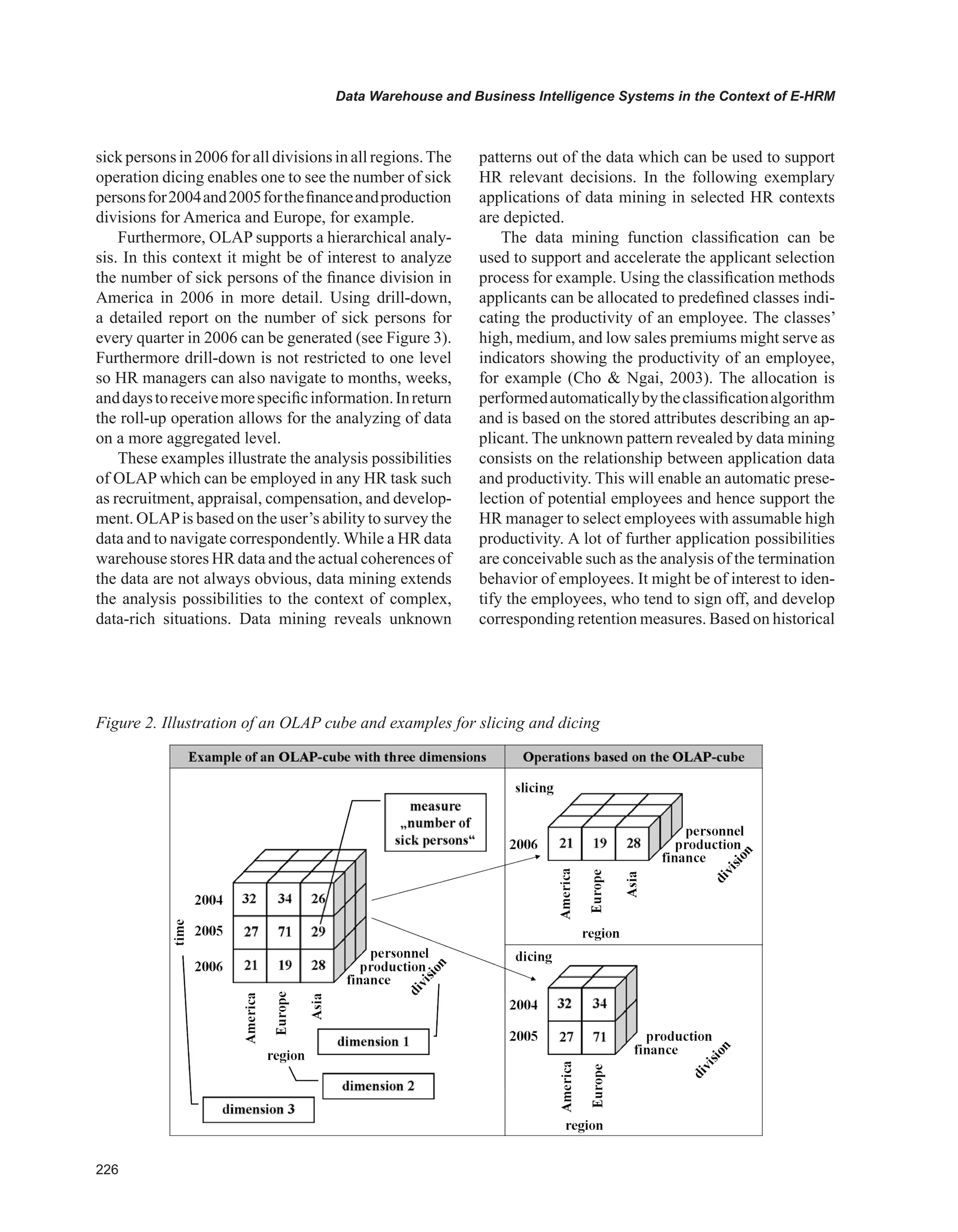 Data Warehouse and Business Intelligence Systems in the Context of E-HRM
sick persons in 2006 for all divisions in all regions.The
operation dicing enables one to see the number of sick
personsfor2004and2005forthefinanceandproduction
divisions for America and Europe, for example.
Furthermore, OLAP supports a hierarchical analy-
sis. In this context it might be of interest to analyze
the number of sick persons of the finance division in
America in 2006 in more detail. Using drill-down,
a detailed report on the number of sick persons for
every quarter in 2006 can be generated (see Figure 3).
Furthermore drill-down is not restricted to one level
so HR managers can also navigate to months, weeks,
anddaystoreceivemorespecificinformation.Inreturn
the roll-up operation allows for the analyzing of data
on a more aggregated level.
These examples illustrate the analysis possibilities
of OLAP which can be employed in any HR task such
as recruitment, appraisal, compensation, and develop-
ment. OLAPis based on the user’s ability to survey the
data and to navigate correspondently. While a HR data
warehouse stores HR data and the actual coherences of
the data are not always obvious, data mining extends
the analysis possibilities to the context of complex,
data-rich situations. Data mining reveals unknown
patterns out of the data which can be used to support
HR relevant decisions. In the following exemplary
applications of data mining in selected HR contexts
are depicted.
The data mining function classification can be
used to support and accelerate the applicant selection
process for example. Using the classification methods
applicants can be allocated to predefined classes indi-
cating the productivity of an employee. The classes’
high, medium, and low sales premiums might serve as
indicators showing the productivity of an employee,
for example (Cho  Ngai, 2003). The allocation is
performedautomaticallybytheclassificationalgorithm
and is based on the stored attributes describing an ap-
plicant. The unknown pattern revealed by data mining
consists on the relationship between application data
and productivity. This will enable an automatic prese-
lection of potential employees and hence support the
HR manager to select employees with assumable high
productivity. A lot of further application possibilities
are conceivable such as the analysis of the termination
behavior of employees. It might be of interest to iden-
tify the employees, who tend to sign off, and develop
corresponding retention measures. Based on historical
Figure 2. Illustration of an OLAP cube and examples for slicing and dicing
 