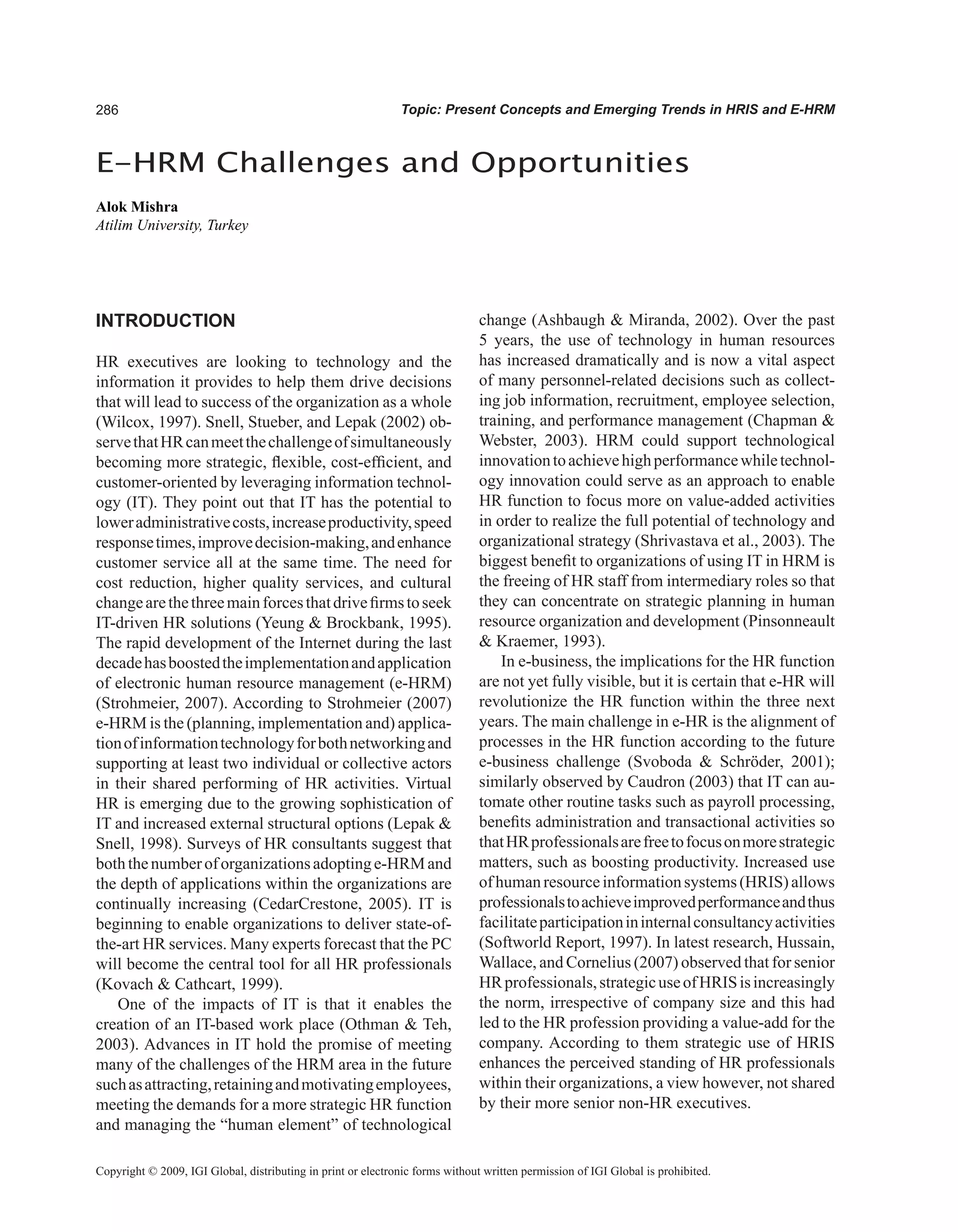 Encyclopedia of human resources information systems challenges in e hrm 