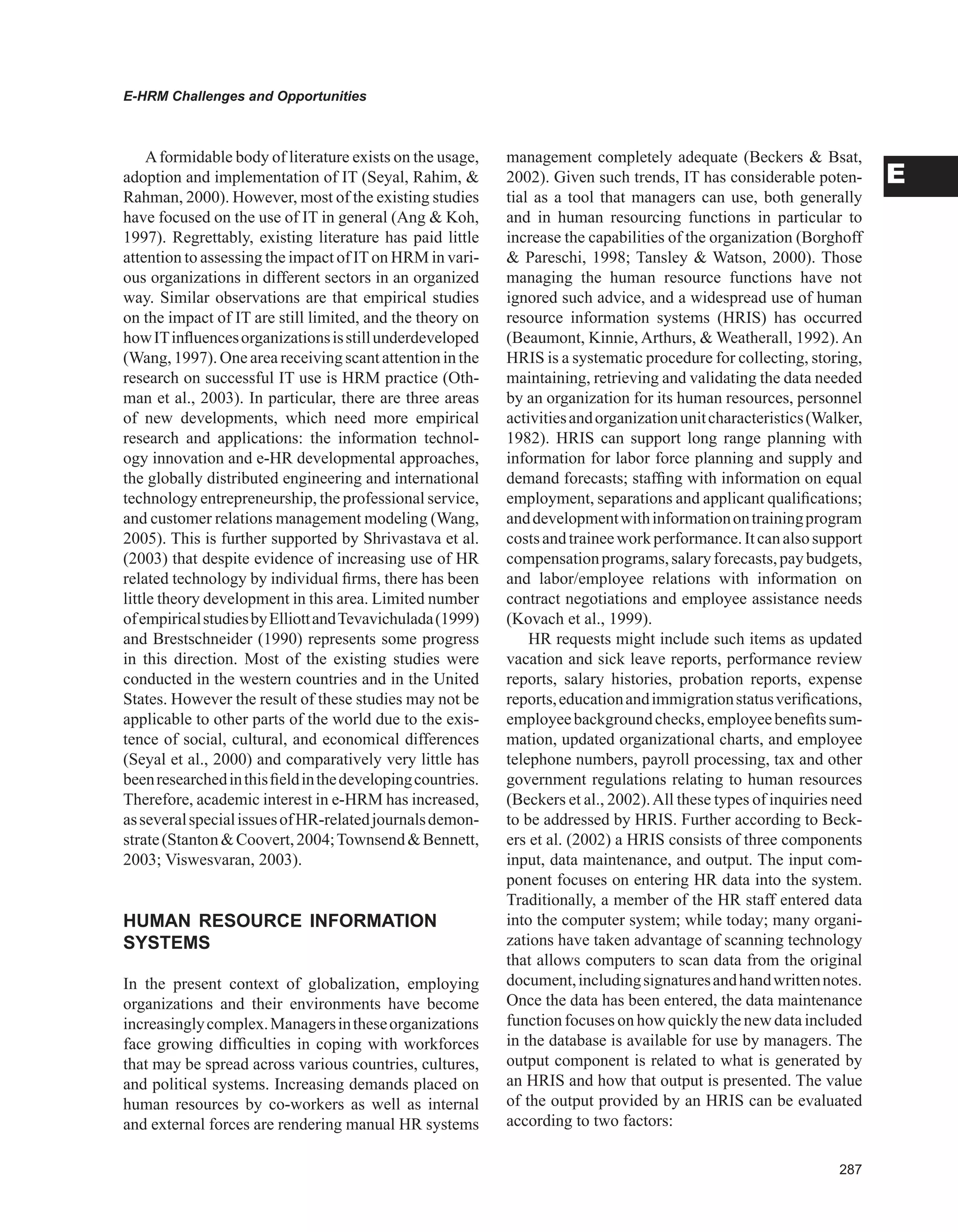 Encyclopedia of human resources information systems challenges in e hrm 