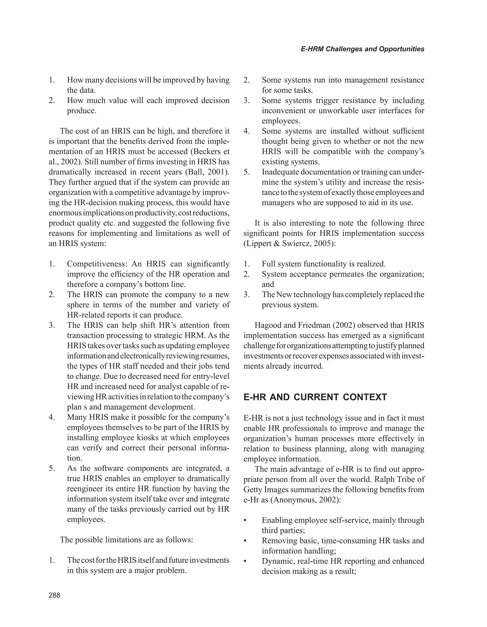 Encyclopedia of human resources information systems challenges in e hrm 