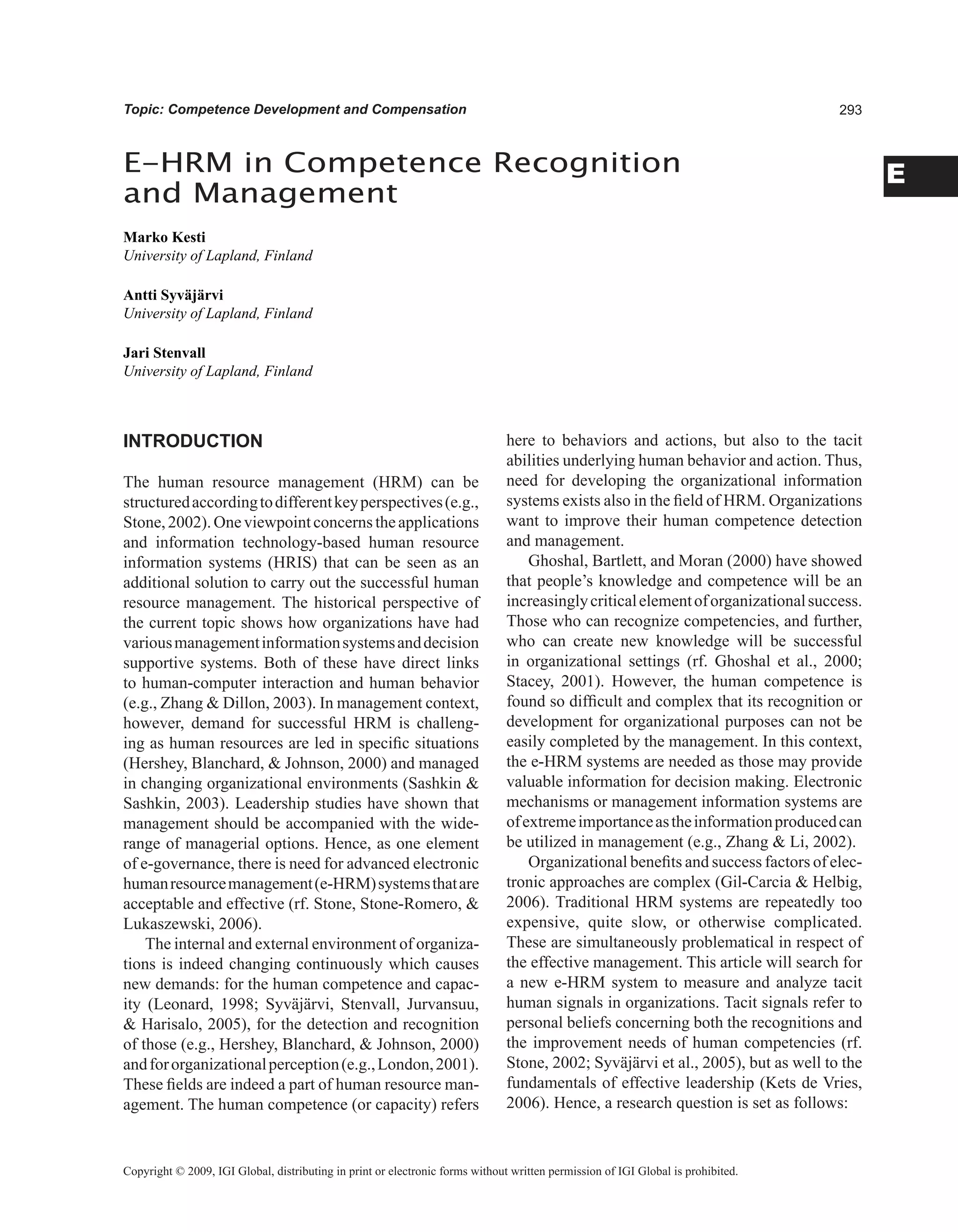 Encyclopedia of human resources information systems challenges in e hrm 