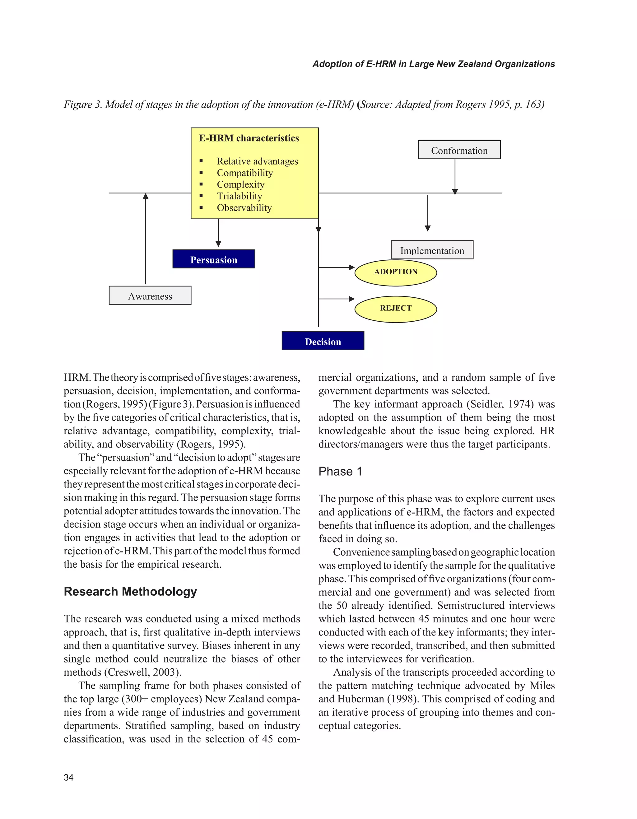 Adoption of E-HRM in Large New Zealand Organizations
HRM.Thetheoryiscomprisedoffivestages:awareness,
persuasion, decision, implementation, and conforma-
tion(Rogers,1995)(Figure3).Persuasionisinfluenced
by the five categories of critical characteristics, that is,
relative advantage, compatibility, complexity, trial-
ability, and observability (Rogers, 1995).
The“persuasion”and“decisiontoadopt”stagesare
especially relevant for the adoption of e-HRM because
theyrepresentthemostcriticalstagesincorporatedeci-
sion making in this regard. The persuasion stage forms
potential adopter attitudes towards the innovation.The
decision stage occurs when an individual or organiza-
tion engages in activities that lead to the adoption or
rejectionofe-HRM.Thispartofthemodelthusformed
the basis for the empirical research.
Research Methodology
The research was conducted using a mixed methods
approach, that is, first qualitative in-depth interviews
and then a quantitative survey. Biases inherent in any
single method could neutralize the biases of other
methods (Creswell, 2003).
The sampling frame for both phases consisted of
the top large (300+ employees) New Zealand compa-
nies from a wide range of industries and government
departments. Stratified sampling, based on industry
classification, was used in the selection of 45 com-
mercial organizations, and a random sample of five
government departments was selected.
The key informant approach (Seidler, 1974) was
adopted on the assumption of them being the most
knowledgeable about the issue being explored. HR
directors/managers were thus the target participants.
Phase 
The purpose of this phase was to explore current uses
and applications of e-HRM, the factors and expected
benefits that influence its adoption, and the challenges
faced in doing so.
Conveniencesamplingbasedongeographiclocation
was employed to identify the sample for the qualitative
phase.This comprised of five organizations (four com-
mercial and one government) and was selected from
the 50 already identified. Semistructured interviews
which lasted between 45 minutes and one hour were
conducted with each of the key informants; they inter-
views were recorded, transcribed, and then submitted
to the interviewees for verification.
Analysis of the transcripts proceeded according to
the pattern matching technique advocated by Miles
and Huberman (1998). This comprised of coding and
an iterative process of grouping into themes and con-
ceptual categories.
Figure 3. Model of stages in the adoption of the innovation (e-HRM) (Source: Adapted from Rogers 1995, p. 163)
Awareness
Persuasion
Implementation
Conformation
E-HRM characteristics
Relative advantages
Compatibility
Complexity
Trialability
Observability
REJECT
ADOPTION
Decision
 