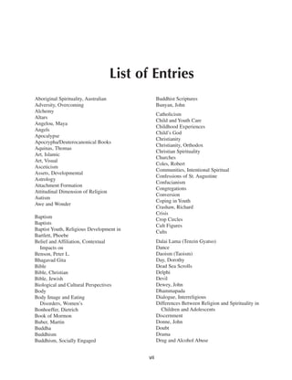 List of Entries
Aboriginal Spirituality, Australian             Buddhist Scriptures
Adversity, Overcoming                           Bunyan, John
Alchemy
                                                Catholicism
Altars
                                                Child and Youth Care
Angelou, Maya
                                                Childhood Experiences
Angels
                                                Child’s God
Apocalypse
                                                Christianity
Apocrypha/Deuterocanonical Books
                                                Christianity, Orthodox
Aquinas, Thomas
                                                Christian Spirituality
Art, Islamic
                                                Churches
Art, Visual
                                                Coles, Robert
Asceticism
                                                Communities, Intentional Spiritual
Assets, Developmental
                                                Confessions of St. Augustine
Astrology
                                                Confucianism
Attachment Formation
                                                Congregations
Attitudinal Dimension of Religion
                                                Conversion
Autism
                                                Coping in Youth
Awe and Wonder
                                                Crashaw, Richard
                                                Crisis
Baptism                                         Crop Circles
Baptists                                        Cult Figures
Baptist Youth, Religious Development in         Cults
Bartlett, Phoebe
Belief and Affiliation, Contextual              Dalai Lama (Tenzin Gyatso)
  Impacts on                                    Dance
Benson, Peter L.                                Daoism (Taoism)
Bhagavad Gita                                   Day, Dorothy
Bible                                           Dead Sea Scrolls
Bible, Christian                                Delphi
Bible, Jewish                                   Devil
Biological and Cultural Perspectives            Dewey, John
Body                                            Dhammapada
Body Image and Eating                           Dialogue, Interreligious
  Disorders, Women’s                            Differences Between Religion and Spirituality in
Bonhoeffer, Dietrich                              Children and Adolescents
Book of Mormon                                  Discernment
Buber, Martin                                   Donne, John
Buddha                                          Doubt
Buddhism                                        Drama
Buddhism, Socially Engaged                      Drug and Alcohol Abuse


                                          vii
 