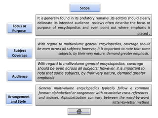 Scope
Focus or
Purpose
Subject
Coverage
Audience
Arrangement
and Style
With regard to multivolume general encyclopedias, coverage should
be even across all subjects; however, it is important to note that some
subjects, by their very nature, demand greater emphasis.
It is generally found in its prefatory remarks .its editors should clearly
delineate its intended audience .reviews often describe the focus or
purpose of encyclopedias and even point out where emphasis is
placed .
General multivolume encyclopedias typically follow a common
format: alphabetical ar-rangement with associative cross-references
and indexes. Alphabetization can vary between the word-by-word
letter-by-letter method
With regard to multivolume general encyclopedias, coverage
should be even across all subjects; however, it is important to
note that some subjects, by their very nature, demand greater
emphasis
 