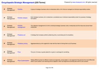 Encyclopedia Strategic Management (255 Terms)                                                               Powered by www.drawpack.com; All rights reserved.



      Strategic
  P   Management
                   Portfolio             A group of strategic business units or enterprises within a firm that are managed as individual responsibility centers.




      Strategic                          Each strategic business unit or enterprise is considered as an individual responsibility center for purposes of strategy
  P   Management
                   Portfolio analysis
                                         formulation.




      Strategic    Portfolio             The collective management of a firm’s individual strategic business units or enterprises and the resources across these
  P   Management   management            enterprises.




      Strategic
  P   Management
                   Predatory act         A strategy that increases profits by deterring entry or promoting exit of competitors.




      Strategic
  P   Management
                   Predatory pricing     Aggressiveness by a firm against its rivals with the intent of driving them out of business.




      Strategic
  P   Management
                   Price                 The sum of money or goods asked for or given in exchange for something.




      Strategic                          Setting different prices for different market sub-segments, pricing higher in sub-segments that perceive the most differential
  P   Management
                   Price Customization
                                         worth in your product, and reducing price to appeal to other sub-segments according less worth to your product.




                                                                       Page 25 of 38
 