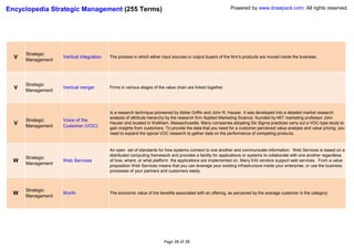 Encyclopedia Strategic Management (255 Terms)                                                               Powered by www.drawpack.com; All rights reserved.




      Strategic
  V                Vertical integration   The process in which either input sources or output buyers of the firm’s products are moved inside the business.
      Management




      Strategic
  V   Management
                   Vertical merger        Firms in various stages of the value chain are linked together.




                                          Is a research technique pioneered by Abbie Griffin and John R. Hauser. It was developed into a detailed market research
                                          analysis of attribute hierarchy by the research firm Applied Marketing Science, founded by MIT marketing professor John
      Strategic    Voice of the
  V   Management   Customer (VOC)
                                          Hauser and located in Waltham, Massachusetts. Many companies adopting Six Sigma practices carry out a VOC-type study to
                                          gain insights from customers. To provide the data that you need for a customer-perceived value analysis and value pricing, you
                                          need to expand the typical VOC research to gather data on the performance of competing products.


                                          An open set of standards for how systems connect to one another and communicate information. Web Services is based on a
                                          distributed computing framework and provides a facility for applications or systems to collaborate with one another regardless
      Strategic
  W   Management
                   Web Services           of how, where, or what platform the applications are implemented on. Many EAI vendors support web services. From a value
                                          proposition Web Services means that you can leverage your existing infrastructure inside your enterprise, or use the business
                                          processes of your partners and customers easily.



      Strategic
  W   Management
                   Worth                  The economic value of the benefits associated with an offering, as perceived by the average customer in the category.




                                                                       Page 38 of 38
 