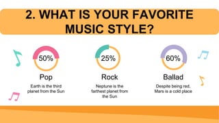 2. WHAT IS YOUR FAVORITE
MUSIC STYLE?
Earth is the third
planet from the Sun
Pop
Despite being red,
Mars is a cold place
Ballad
Neptune is the
farthest planet from
the Sun
Rock
50% 60%
25%
 