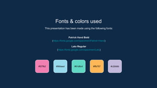 Fonts & colors used
This presentation has been made using the following fonts:
Patrick Hand Bold
(https://fonts.google.com/specimen/Patrick+Hand)
Lato Regular
(https://fonts.google.com/specimen/Lato)
#98daed #61d8c4 #ffb757
#f27fb2 #c2b9db
 