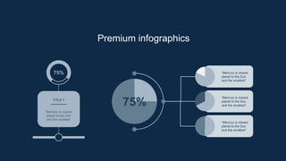 Premium infographics
“Mercury is closest
planet to the Sun
and the smallest”
“Mercury is closest
planet to the Sun
and the smallest”
“Mercury is closest
planet to the Sun
and the smallest”
“Mercury is closest
planet to the Sun
and the smallest”
TITLE 1
75%
75%
 