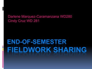 END-OF-SEMESTER
FIELDWORK SHARING
Darlene Marquez-Caramanzana WD280
Cindy Cruz WD 281
 