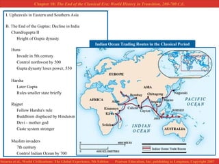 I. Upheavals in Eastern and Southern Asia B. The End of the Guptas: Decline in India Chandragupta II  Height of Gupta dynasty Huns Invade in 5th century Control northwest by 500 Gupta dynasty loses power, 550 Harsha Later Gupta Rules smaller state briefly Rajput Follow Harsha's rule Buddhism displaced by Hinduism Devi - mother god Caste system stronger Muslim invaders 7th century Control Indian Ocean by 700 Indian Ocean Trading Routes in the Classical Period 