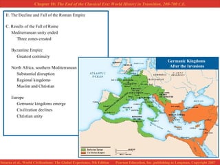 II. The Decline and Fall of the Roman Empire C. Results of the Fall of Rome Mediterranean unity ended Three zones created Byzantine Empire Greatest continuity North Africa, southern Mediterranean Substantial disruption Regional kingdoms Muslim and Christian Europe Germanic kingdoms emerge Civilization declines Christian unity Germanic Kingdoms  After the Invasions 