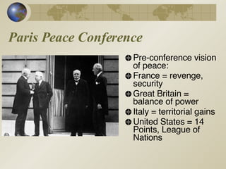 Paris Peace Conference Pre-conference vision of peace: France = revenge, security Great Britain = balance of power Italy = territorial gains United States = 14 Points, League of Nations 