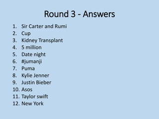 Round 3 - Answers
1. Sir Carter and Rumi
2. Cup
3. Kidney Transplant
4. 5 million
5. Date night
6. #jumanji
7. Puma
8. Kylie Jenner
9. Justin Bieber
10. Asos
11. Taylor swift
12. New York
 