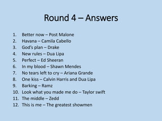 Round 4 – Answers
1. Better now – Post Malone
2. Havana – Camila Cabello
3. God’s plan – Drake
4. New rules – Dua Lipa
5. Perfect – Ed Sheeran
6. In my blood – Shawn Mendes
7. No tears left to cry – Ariana Grande
8. One kiss – Calvin Harris and Dua Lipa
9. Barking – Ramz
10. Look what you made me do – Taylor swift
11. The middle – Zedd
12. This is me – The greatest showmen
 