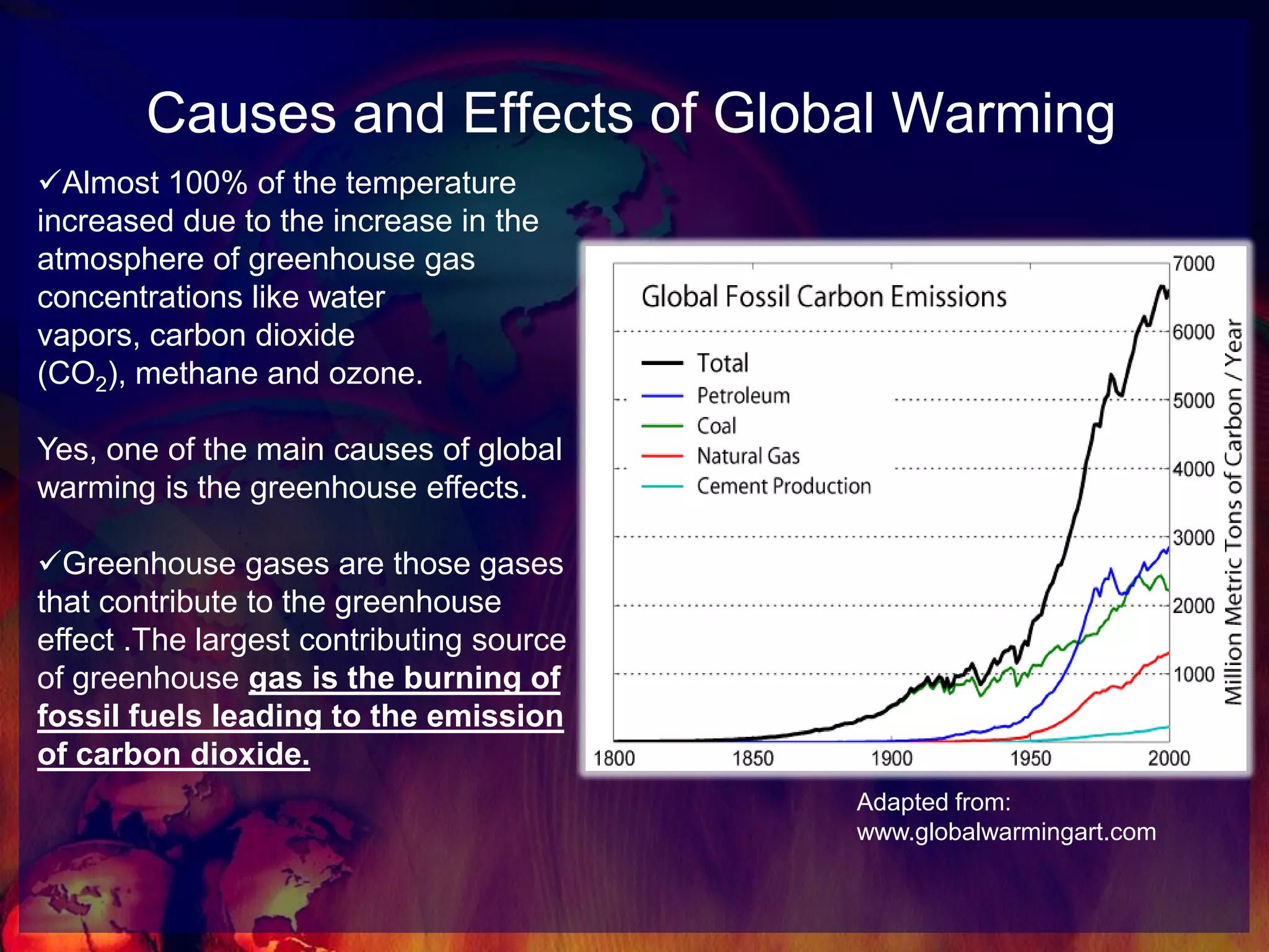 Causes and Effects of Global WarmingAlmost 100% of the temperature increased due to the increase in the atmosphere of greenhouse gas concentrations like water vapors, carbon dioxide (CO2), methane and ozone. Yes, one of the main causes of global warming is the greenhouse effects.Greenhouse gases are those gases that contribute to the greenhouse effect .The largest contributing source of greenhouse gas is the burning of fossil fuels leading to the emission of carbon dioxide.  Adapted from: www.globalwarmingart.com