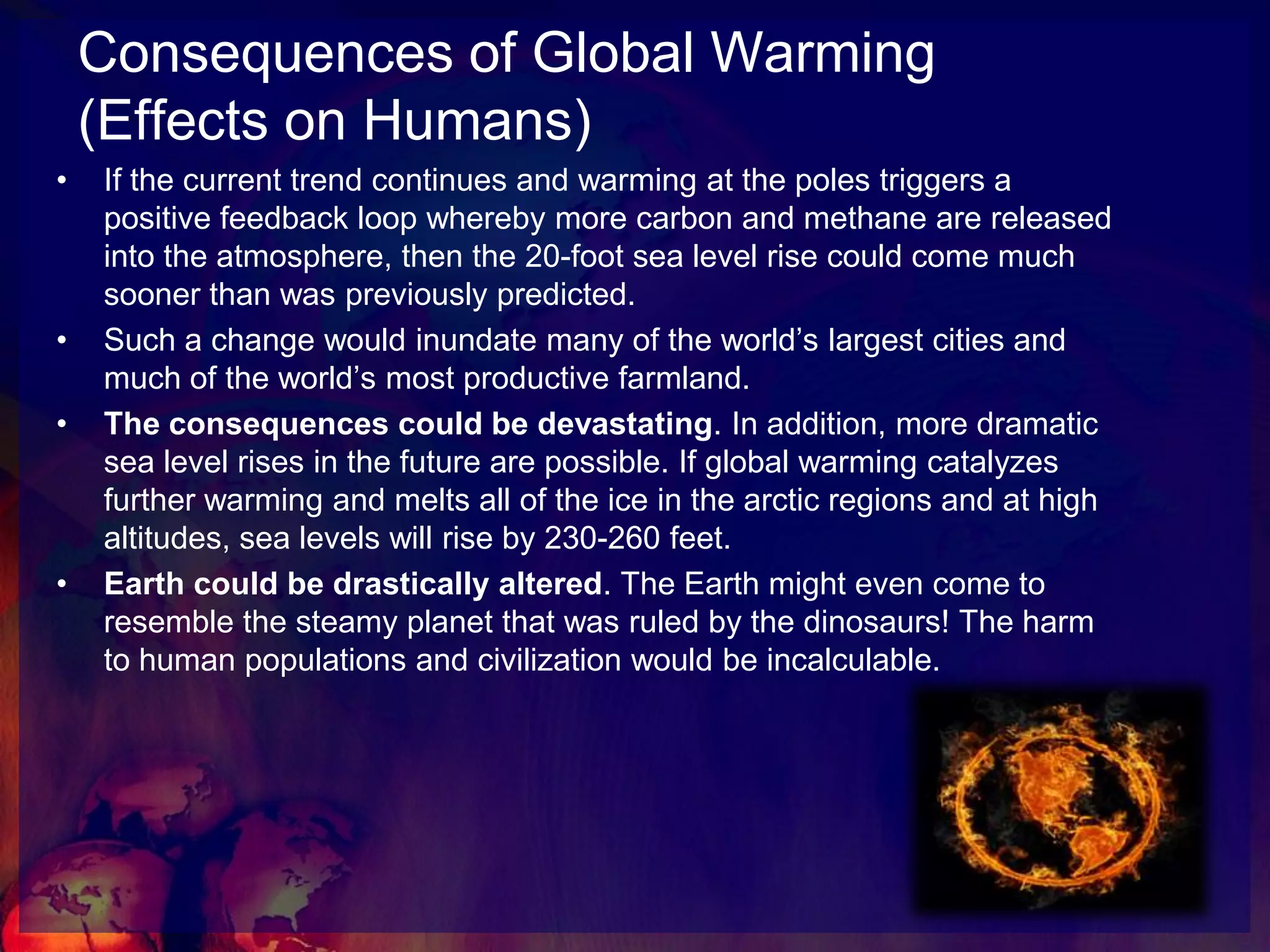 Consequences of Global Warming(Effects on Animals) The danger to animals is severe as well. As sea levels rise and lowland coastal areas are flooded, many animal species will be harmed. Coastal areas serve as natural hatcheries for fish and are home to a greater diversity of land and sea creatures than any other ecosystem. The flooding of coastal estuaries by rising sea levels would have dramatic effects on animalsacross the world.Countless species will be wiped out if global warming continues unchecked. It could play a major role in the extinction of many species that are crucial to stabilizing the food chain that you and I (and countless other animals) depend on for our food. It will surely mean an end to the polar bear, which depends on sea ice for hunting