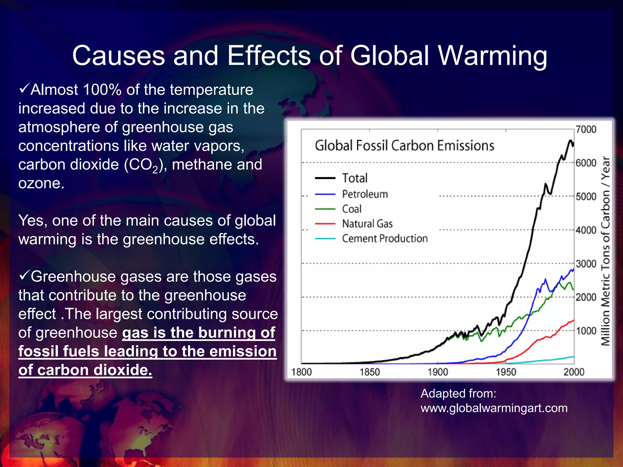 Causes and Effects of Global WarmingAlmost 100% of the temperature increased due to the increase in the atmosphere of greenhouse gas concentrations like water vapors, carbon dioxide (CO2), methane and ozone. Yes, one of the main causes of global warming is the greenhouse effects.Greenhouse gases are those gases that contribute to the greenhouse effect .The largest contributing source of greenhouse gas is the burning of fossil fuels leading to the emission of carbon dioxide.  Adapted from: www.globalwarmingart.com
