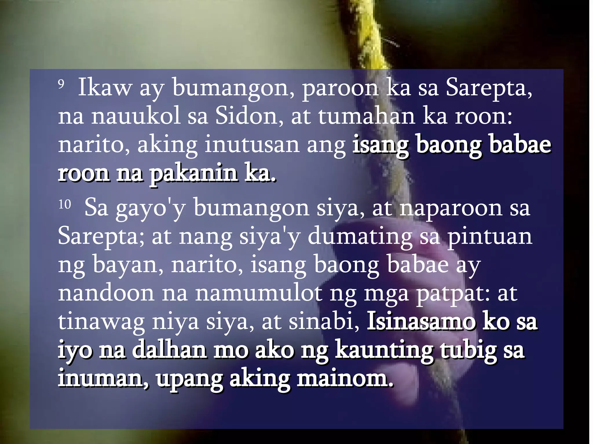 9   Ikaw ay bumangon, paroon ka sa Sarepta, na nauukol sa Sidon, at tumahan ka roon: narito, aking inutusan ang  isang baong babae roon na pakanin ka.  10   Sa gayo'y bumangon siya, at naparoon sa Sarepta; at nang siya'y dumating sa pintuan ng bayan, narito, isang baong babae ay nandoon na namumulot ng mga patpat: at tinawag niya siya, at sinabi,  Isinasamo ko sa iyo na dalhan mo ako ng kaunting tubig sa inuman, upang aking mainom.  