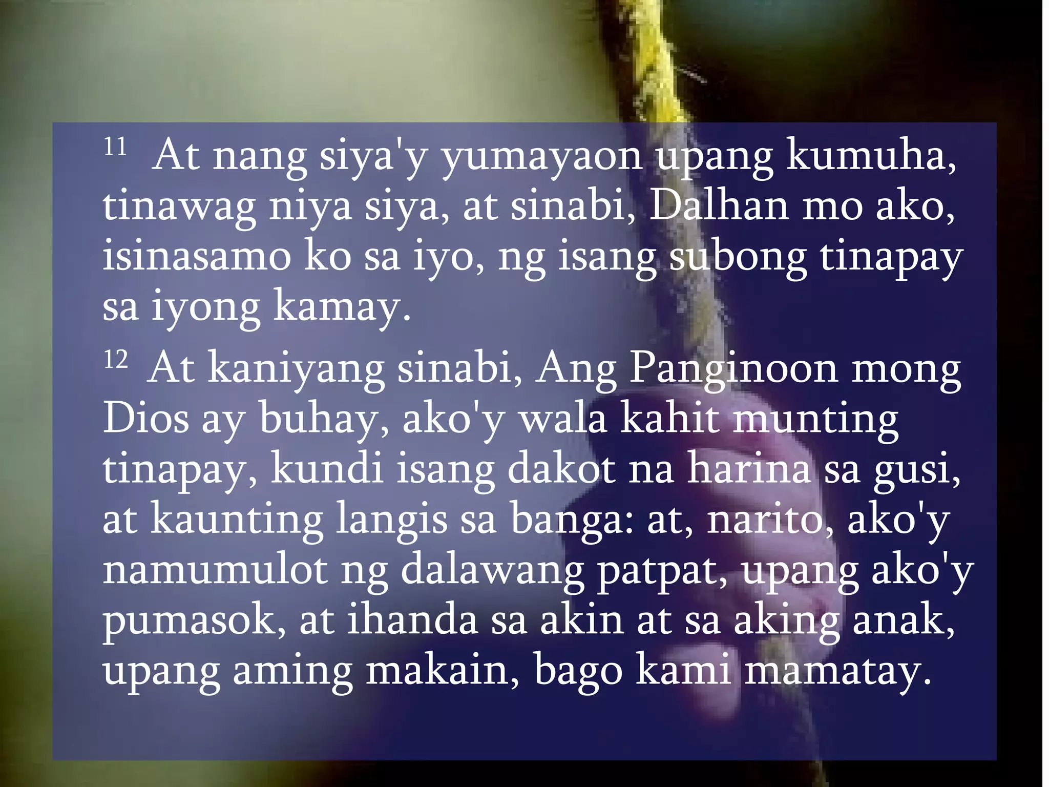 11   At nang siya'y yumayaon upang kumuha, tinawag niya siya, at sinabi, Dalhan mo ako, isinasamo ko sa iyo, ng isang subong tinapay sa iyong kamay.  12  At kaniyang sinabi, Ang Panginoon mong Dios ay buhay, ako'y wala kahit munting tinapay, kundi isang dakot na harina sa gusi, at kaunting langis sa banga: at, narito, ako'y namumulot ng dalawang patpat, upang ako'y pumasok, at ihanda sa akin at sa aking anak, upang aming makain, bago kami mamatay.  