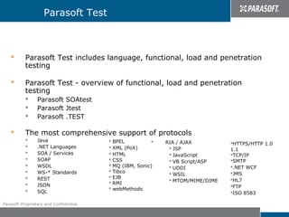 Parasoft Test



          Parasoft Test includes language, functional, load and penetration
           testing

          Parasoft Test - overview of functional, load and penetration
           testing
                Parasoft SOAtest
                Parasoft Jtest
                Parasoft .TEST

          The most comprehensive support of protocols
                Java                    BPEL             RIA / AJAX          HTTPS/HTTP 1.0
                .NET Languages          XML (PoX)           JSP              1.1
                SOA / Services          HTML                JavaScript       TCP/IP
                SOAP                    CSS                 VB Script/ASP    SMTP
                WSDL                    MQ (IBM, Sonic)     UDDI             .NET WCF
                WS-* Standards          Tibco                                 JMS
                                                              WSIL
                REST                    EJB
                                                              MTOM/MIME/DIME   HL7
                                         RMI
                JSON                                                           FTP
                                         webMethods
                SQL                                                            ISO 8583

Parasoft Proprietary and Confidential
 