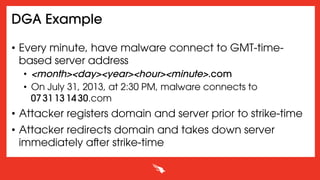 DGA Example
•  Every minute, have malware connect to GMT-time-
based server address
•  <month><day><year><hour><minute>.com
•  On July 31, 2013, at 2:30 PM, malware connects to
0731131430.com
•  Attacker registers domain and server prior to strike-time
•  Attacker redirects domain and takes down server
immediately aer strike-time
 