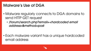 Malware’s Use of DGA
• Malware regularly connects to DGA domains to
send HTTP GET request
•  /forum/search.php?email=<hardcoded email
address>&method=post
• Each malware variant has a unique hardcoded
email address
 