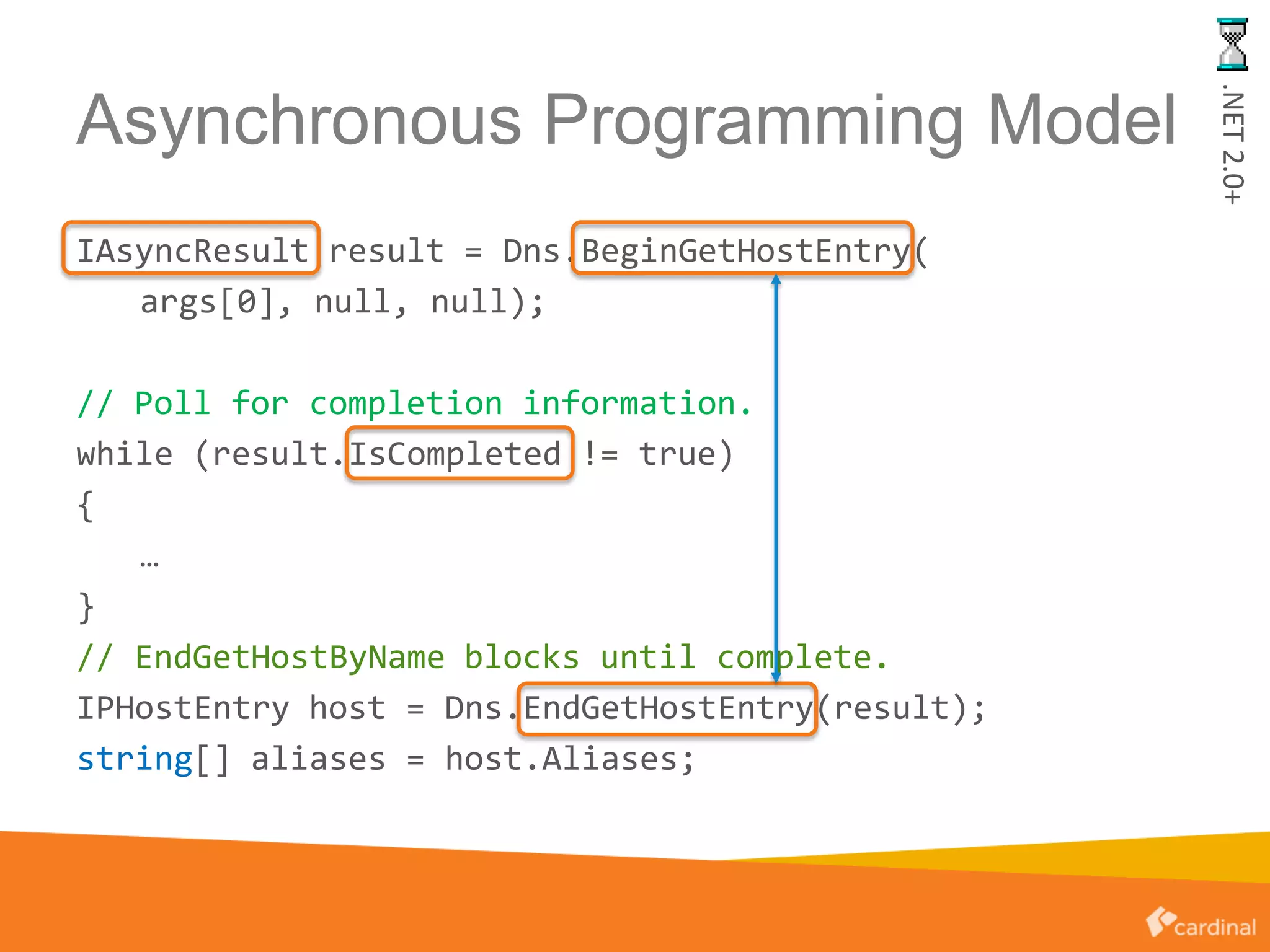 Asynchronous Programming Model
IAsyncResult result = Dns.BeginGetHostEntry(
args[0], null, null);
// Poll for completion information.
while (result.IsCompleted != true)
{
…
}
// EndGetHostByName blocks until complete.
IPHostEntry host = Dns.EndGetHostEntry(result);
string[] aliases = host.Aliases;
.NET2.0+
 