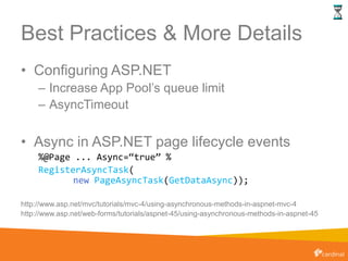 Best Practices & More Details
• Configuring ASP.NET
– Increase App Pool’s queue limit
– AsyncTimeout
• Async in ASP.NET page lifecycle events
%@Page ... Async=“true” %
RegisterAsyncTask(
new PageAsyncTask(GetDataAsync));
http://www.asp.net/mvc/tutorials/mvc-4/using-asynchronous-methods-in-aspnet-mvc-4
http://www.asp.net/web-forms/tutorials/aspnet-45/using-asynchronous-methods-in-aspnet-45
 