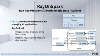 • : distributed framework for
emerging AI applications
• RayOnSpark
• Directly run Ray programs on Big
Data cluster
• Integrate Ray programs into Spark
data pipeline
https://medium.com/riselab/rayonspark-running-emerging-ai-applications-on-big-data-clusters-with-ray-and-analytics-zoo-923e0136ed6a
RayOnSpark
Run Ray Programs Directly on Big Data Platform
 