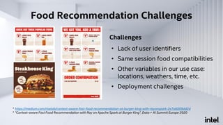 Food Recommendation Challenges
Challenges
• Lack of user identifiers
• Same session food compatibilities
• Other variables in our use case:
locations, weathers, time, etc.
• Deployment challenges
* https://medium.com/riselab/context-aware-fast-food-recommendation-at-burger-king-with-rayonspark-2e7a6009dd2d
* “Context-aware Fast Food Recommendation with Ray on Apache Spark at Burger King”, Data + AI Summit Europe 2020
 
