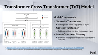 Transformer Cross Transformer (TxT) Model
Model Components
• Sequence Transformer
• Taking item order sequence as input
• Context Transformer
• Taking multiple context features as input
• Latent Cross Joint Training
• Element-wise product for both transformer
outputs
* https://medium.com/riselab/context-aware-fast-food-recommendation-at-burger-king-with-rayonspark-2e7a6009dd2d
* “Context-aware Fast Food Recommendation with Ray on Apache Spark at Burger King”, Data + AI Summit Europe 2020
 