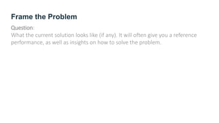 Frame the Problem
Question:
What the current solution looks like (if any). It will often give you a reference
performance, as well as insights on how to solve the problem.
 