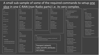 5g-1
auto p1
iface p1 inet manual
bond-master bond0
auto p2
iface p2 inet manual
bond-master bond0
auto bond0
iface p1 inet static
bond-mode 4
bond-miimon 100
bond-lacp-rate 1
bond-slaves p1 p2
Encoded
lxc start endoeB
ovs-vsctl add-port 5g-br0 enodeB_veth_0
ovs-vsctl set port enodeB_veth_0 tag=10
HSS
lxc start hss
ovs-vsctl add-port 5g-br0 hss_veth_0
ovs-vsctl set port hss_veth_0 tag=10
5g-2
auto p1
iface p1 inet manual
bond-master bond0
auto p2
iface p2 inet manual
bond-master bond0
auto bond0
iface p1 inet static
bond-mode 4
bond-miimon 100
bond-lacp-rate1
bond-slaves p1 p2
5g-4
auto p1
iface p1 inet manual
bond-master bond0
auto p2
iface p2 inet manual
bond-master bond0
auto bond0
iface p1 inet static
bond-mode 4
bond-miimon 100
bond-lacp-rate1
bond-slaves p1 p2
5g-6
auto p1
iface p1 inet manual
bond-master bond0
auto p2
iface p2 inet manual
bond-master bond0
auto bond0
iface p1 inet static
bond-mode 4
bond-miimon 100
bond-lacp-rate1
bond-slaves p1 p2
5g-7
auto p1
iface p1 inet manual
bond-master bond0
auto p2
iface p2 inet manual
bond-master bond0
auto bond0
iface p1 inet static
bond-mode 4
bond-miimon 100
bond-lacp-rate1
bond-slaves p1 p2
RRH
docker attach rrh
ovs-docker add-port 5g-br0 eth1 rrh –ipaddress==192.168.10.2/24
ovs-vsctl set port rrh_veth_0 tag=10
EPC
virsh net-define 5g-network.xml
virsh net-start 5g-network
virsh define epc
virsh start epc
ovs-vsctl add-port 5g-br0 epc_veth_0
ovs-vsctl set port epc_veth_0 tag=10
Switch-1
vlan 10
interface eth-trunk1
Description: To 5g-2
port link-type trunk
port trunk allow-pass vlan 10
mode lacp-dynamic
interface eth-trunk2
Description: To 5g-4
port link-type trunk
port trunk allow-pass vlan 10
mode lacp-dynamic
interface eth-trunk9
Description: To 5g-1 RRH
port link-type trunk
port trunk allow-pass vlan 10
mode lacp-dynamic
interface eth-trunk21
Description: To Optical Node
port link-type trunk
port trunk allow-pass vlan 10
mode lacp-dynamic
Switch-2
vlan 10
interface eth-trunk1
Description: To 5g-6
port link-type trunk
port trunk allow-pass vlan 10
mode lacp-dynamic
interface eth-trunk2
Description: To 5g-7q
port link-type trunk
port trunk allow-pass vlan 10
mode lacp-dynamic
interface eth-trunk21
Description: To Optical Node
port link-type trunk
port trunk allow-pass vlan 10
mode lacp-dynamic
A small sub-sample of some of the required commands to setup one
slice in one C-RAN (non Radio parts) i.e. its very complex.
Transport network,
radio and EPC attributes
not shown
 