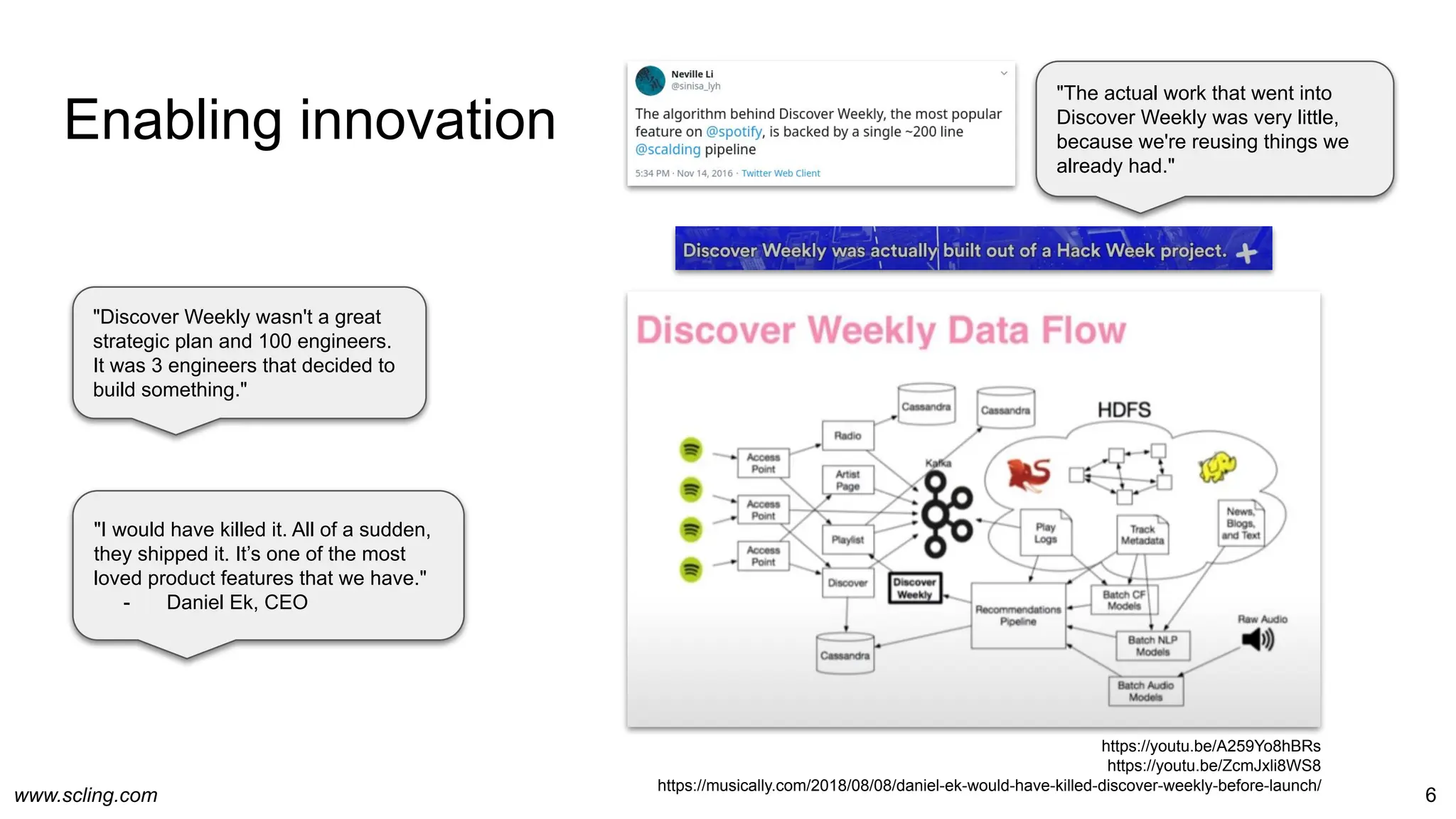 www.scling.com
Enabling innovation
6
"The actual work that went into
Discover Weekly was very little,
because we're reusing things we
already had."
https://youtu.be/A259Yo8hBRs
https://youtu.be/ZcmJxli8WS8
https://musically.com/2018/08/08/daniel-ek-would-have-killed-discover-weekly-before-launch/
"Discover Weekly wasn't a great
strategic plan and 100 engineers.
It was 3 engineers that decided to
build something."
"I would have killed it. All of a sudden,
they shipped it. It’s one of the most
loved product features that we have."
- Daniel Ek, CEO
 