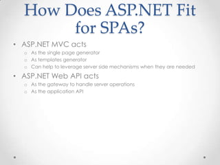 How Does ASP.NET Fit
for SPAs?
• ASP.NET MVC acts
o As the single page generator
o As templates generator
o Can help to leverage server side mechanisms when they are needed
• ASP.NET Web API acts
o As the gateway to handle server operations
o As the application API
 