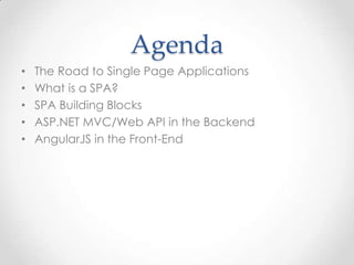 Agenda
• The Road to Single Page Applications
• What is a SPA?
• SPA Building Blocks
• ASP.NET MVC/Web API in the Backend
• AngularJS in the Front-End
 