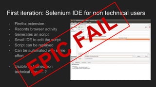 - Firefox extension
- Records browser activity
- Generates an script
- Small IDE to edit the script
- Script can be replayed
- Can be automated with some
effort
- Usable by trained non
technical users…?
First iteration: Selenium IDE for non technical users
 