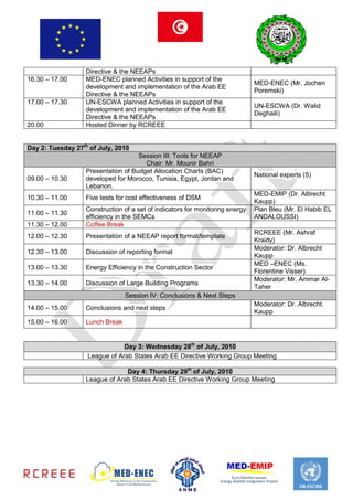 Directive & the NEEAPs
16.30 – 17.00      MED-ENEC planned Activities in support of the
                                                                               MED-ENEC (Mr. Jochen
                   development and implementation of the Arab EE
                                                                               Poremski)
                   Directive & the NEEAPs
17.00 – 17.30      UN-ESCWA planned Activities in support of the
                                                                               UN-ESCWA (Dr. Walid
                   development and implementation of the Arab EE
                                                                               Deghaili)
                   Directive & the NEEAPs
20.00              Hosted Dinner by RCREEE


Day 2: Tuesday 27th of July, 2010
                                     Session III: Tools for NEEAP
                                       Chair: Mr. Mounir Bahri
                   Presentation of Budget Allocation Charts (BAC)
                                                                               National experts (5)
09.00 – 10.30      developed for Morocco, Tunisia, Egypt, Jordan and
                   Lebanon.
                                                                               MED-EMIP (Dr. Albrecht
10.30 – 11.00      Five tests for cost effectiveness of DSM
                                                                               Kaupp)
                   Construction of a set of indicators for monitoring energy   Plan Bleu (Mr. El Habib EL
11.00 – 11.30
                   efficiency in the SEMCs                                     ANDALOUSSI)
11.30 – 12.00      Coffee Break
                                                                               RCREEE (Mr. Ashraf
12.00 – 12.30      Presentation of a NEEAP report format/template
                                                                               Kraidy)
                                                                               Moderator: Dr. Albrecht
12.30 – 13.00      Discussion of reporting format
                                                                               Kaupp
                                                                               MED –ENEC (Ms.
13.00 – 13.30      Energy Efficiency in the Construction Sector
                                                                               Florentine Visser)
                                                                               Moderator: Mr. Ammar Al-
13.30 – 14.00      Discussion of Large Building Programs
                                                                               Taher
                                 Session IV: Conclusions & Next Steps
                                                                               Moderator: Dr. Albrecht.
14.00 – 15.00      Conclusions and next steps
                                                                               Kaupp
15.00 – 16.00      Lunch Break


                               Day 3: Wednesday 28th of July, 2010
                   League of Arab States Arab EE Directive Working Group Meeting

                                Day 4: Thursday 29th of July, 2010
                   League of Arab States Arab EE Directive Working Group Meeting
 