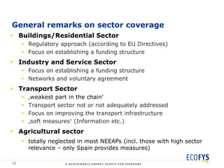 General remarks on sector coverage
 Buildings/Residential Sector
      Regulatory approach (according to EU Directives)
      Focus on establishing a funding structure
 Industry and Service Sector
      Focus on establishing a funding structure
      Networks and voluntary agreement
 Transport Sector
        „weakest part in the chain“
        Transport sector not or not adequately addressed
        Focus on improving the transport infrastructure
        „soft measures“ (Information etc.)
 Agricultural sector
      totally neglected in most NEEAPs (incl. those with high sector
       relevance – only Spain provides measures)

23
 