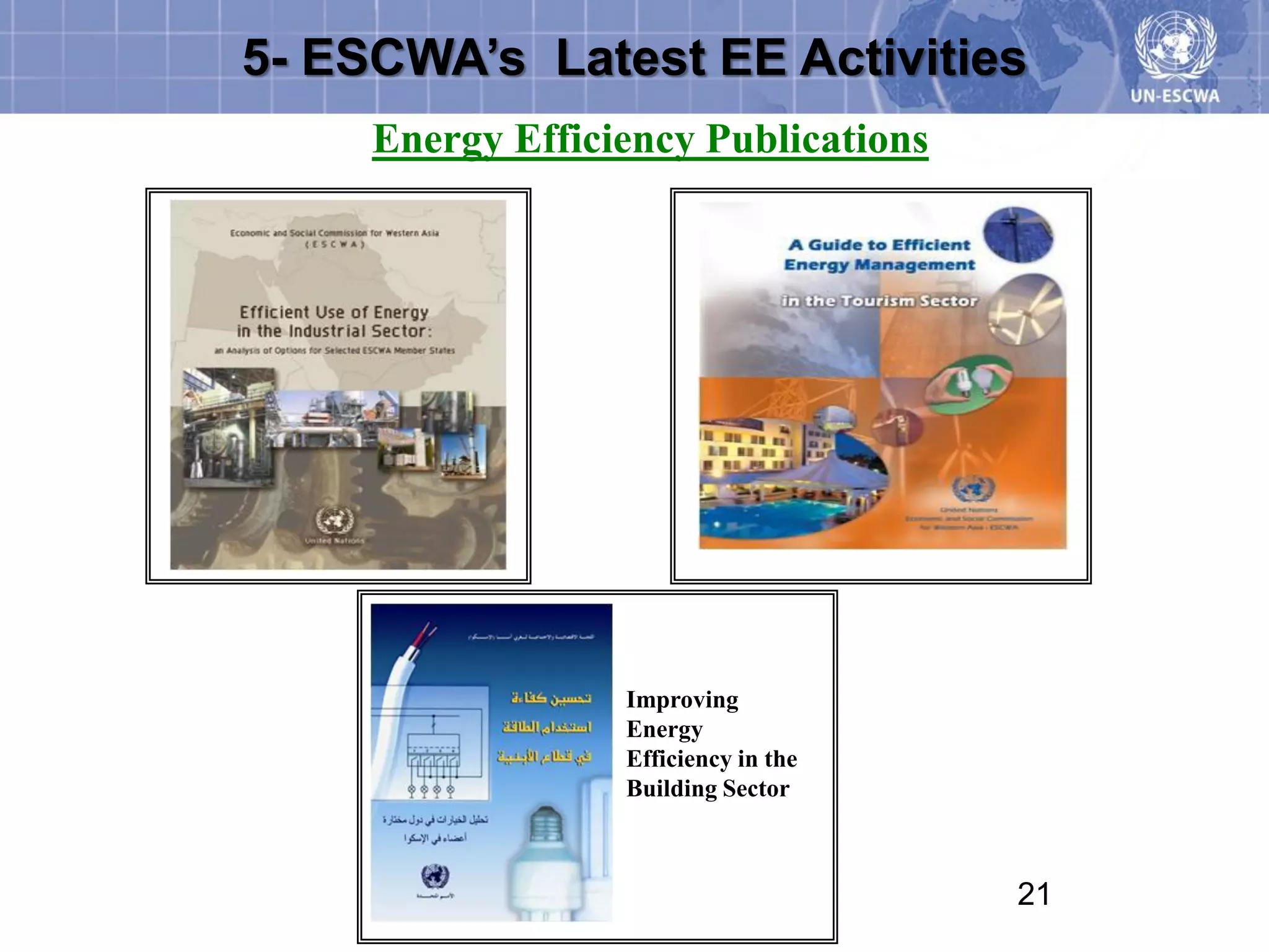 5- ESCWA’s Latest EE Activities
     Energy Efficiency Publications




                  Improving
                  Energy
                  Efficiency in the
                  Building Sector



                                      21
 