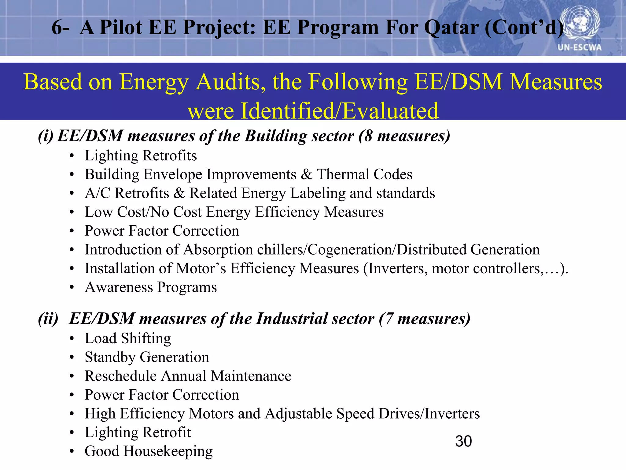 6- A Pilot EE Project: EE Program For Qatar (Cont’d)

Based on Energy Audits, the Following EE/DSM Measures
               were Identified/Evaluated
 (i) EE/DSM measures of the Building sector (8 measures)
     •   Lighting Retrofits
     •   Building Envelope Improvements & Thermal Codes
     •   A/C Retrofits & Related Energy Labeling and standards
     •   Low Cost/No Cost Energy Efficiency Measures
     •   Power Factor Correction
     •   Introduction of Absorption chillers/Cogeneration/Distributed Generation
     •   Installation of Motor’s Efficiency Measures (Inverters, motor controllers,…).
     •   Awareness Programs

 (ii) EE/DSM measures of the Industrial sector (7 measures)
     •   Load Shifting
     •   Standby Generation
     •   Reschedule Annual Maintenance
     •   Power Factor Correction
     •   High Efficiency Motors and Adjustable Speed Drives/Inverters
     •   Lighting Retrofit
                                                                 30
     •   Good Housekeeping
 