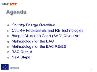        Country Energy Overview
       Country Potential EE and RE Technologies
       Budget Allocation Chart (BAC) Objective
       Methodology for the BAC
       Methodology for the BAC RE/EE
       BAC Output
       Next Steps

    This project is funded
    by the European Union
                                                   2
 