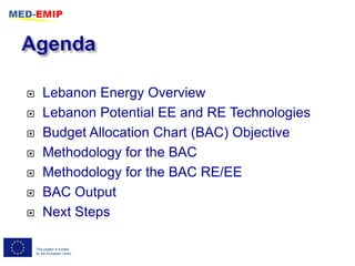        Lebanon Energy Overview
       Lebanon Potential EE and RE Technologies
       Budget Allocation Chart (BAC) Objective
       Methodology for the BAC
       Methodology for the BAC RE/EE
       BAC Output
       Next Steps

    This project is funded
    by the European Union
 